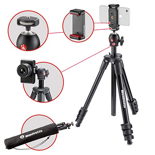 Manfrotto MKSCOMPACTLTBK Compact Light Smart Stativ (mit Kugelkopf und Smartphone Halterung für IPhone, Samung, Huawei, LG, Google phones, DSLR, Spiegellos, Kompaktkameras, Aluminium) schwarz