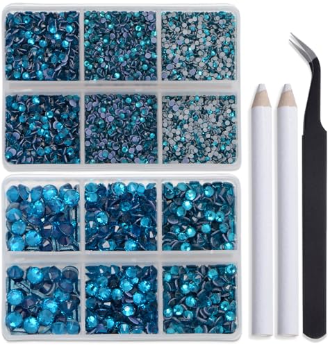 Image of Bymitel Hotfix Crystal Rhinestones Round Gems for Crafts,Mixed 6 Sizes with Wax Pencil Kit, Blue Zircon 1.6-6.3mm SS4-SS30 /8000pcs