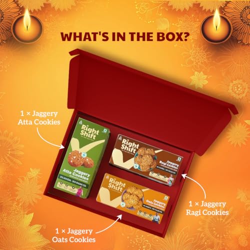 Image of Right Shift Festive Delights Box | 0% Maida, No Palm Oil, 0% Refined Sugar| Pack of 3 Jaggery Cookies | Diwali Gift for family, friends and employees | Corporate Gifting | Healthy Treats | Luxury Hamper,320 g