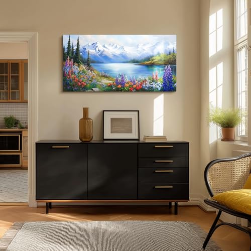 crmotu Lakeside Landscape Wall Art, Nature Wilderness Large Wall Decor, Mountain Tree Wildflowers Scenery Paintings, Cottagecore Canvas Pictures for Living Room Bedroom Farmhouse Art Prints 24x48 Inch
