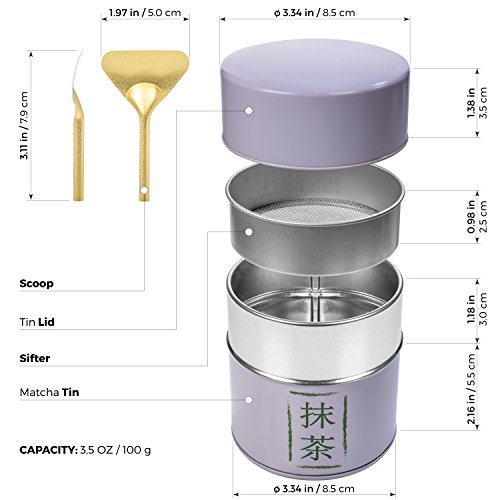 Tealyra - Matcha Plated Aluminum Tin And Stainless Steel Mesh Sifter And Scoop - Matcha Green Tea Strainer Can - Removable Sifter Part - Make Perfect Matcha - Holds Up To 113G (4-Ounce) #TOP4