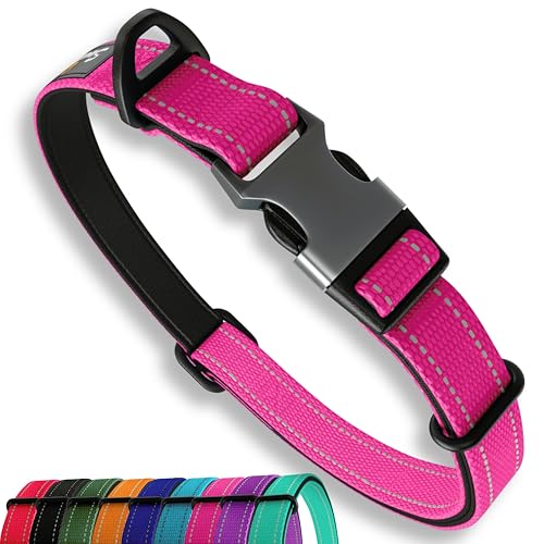 Collare per cani di piccola taglia, regolabile, riflettente, imbottito, in alluminio, con anello a V, colore: rosa