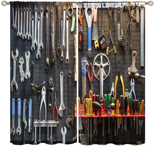 ZhiRain Man Cave Blackout Curtains Vintage Style Tools Wall Tool Shed Workshop Fixing Equipment Curtain with Rod Pocket for Bedroom Home Decor Drapes Window Treatments 2 Panels Set 42x45 Inch