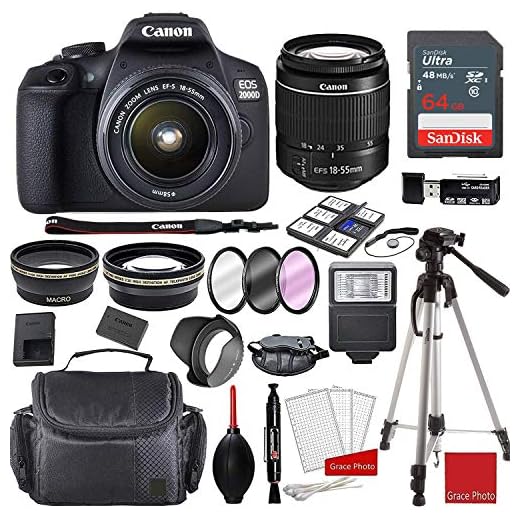 Canon EOS 2000D Rebel T7 Kit with EF-S 18-55mm f/3.5-5.6 III Lens + Sandisk 64GB Memory + Professional Accessory Bundle