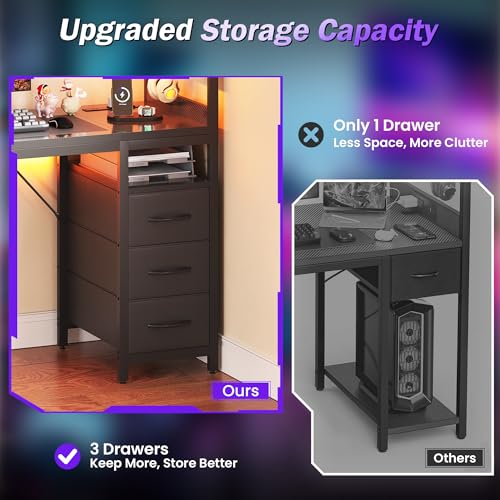 Image of YOUDENOVA 40 Inch Gaming Computer Desk with Led Lights, Small Desk with Storage Shelves and Drawers, Reversible Compact Gamer Table for Home Office, Carbon Fiber Black