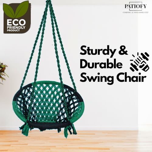Image of Patiofy Cotton Round Swing Chair for Adults and Kids /Swing for Home, Balcony /Jhula for Adults /Jhoola for Living Room /Suitable for Indoor & Outdoor /with Hanging Kit (Green-Black)