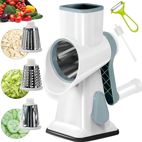 YOUCZON Rotary Cheese Grater Multi-Purpose Stainless Steel Cheese Shredder - Cheese Grater With Handle Effortless Grating of Carrots, Potatoes, Vegetables, and Fruits (White)