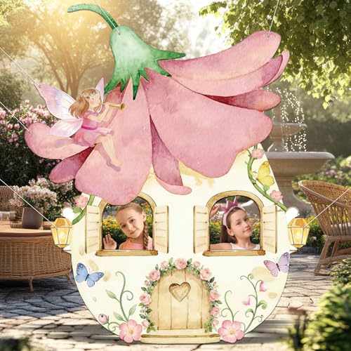 Fairy Party Decoration Watercolor Floral House Photo Booth Backdrop Pink Fairy Princess Photography Background Spring Forest Party Decor Wonderland Selfie Frame Banner for Baby Shower Birthday Garden