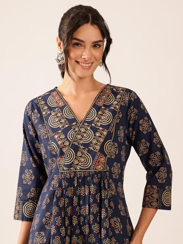 Image of Vbuyz Women's Cotton Floral Print A-Line Regular Fit Kurta