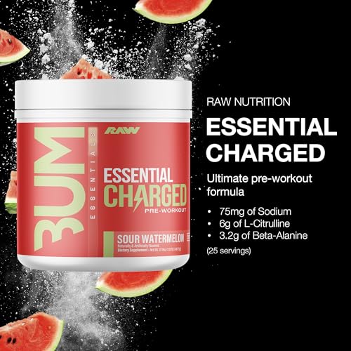 Image of RAW Pre-Workout Powder, Essential CHARGED (Sour Watermelon) - Preworkout Supplement for Men & Women - Supports Focus, Mood & Performance - Caffeine, Alpha-GPC, L-Citrulline, Beta Alanine (25 Servings)
