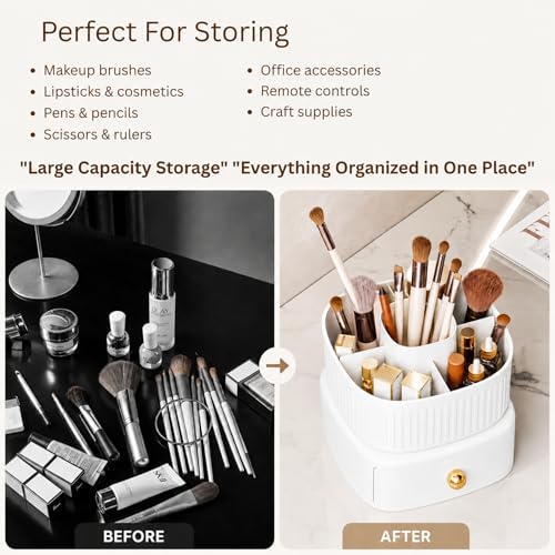 Image of KiZY Luxury 360 Rotating Makeup Brush Holder Organizer | Countertop Organizer Skincare Storage for Vanity, Desktop, Bathroom, Cosmetics | Lipstic, Eyeliners, Perfume Storage. (360 WHITE)