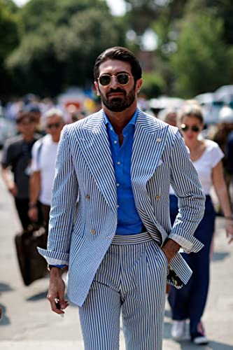 HZUOU Men's Striped Seersucker Suits 2 Piece Slim Fit Wedding Tuxedo Summer Beach Leisure Suits Sets HZH132