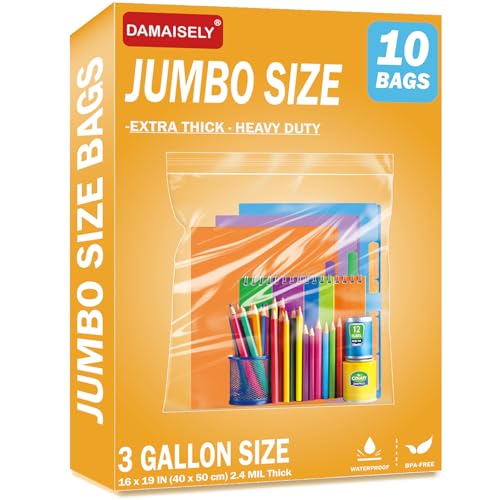 10Pack Extra Large Plastic Storage Bags, Zipper Seal, 2.4-mil Thick, Heavy Duty, 3.5 Gallon 16' x 19', Jumbo Zippered Plastic Bags for Food, Clothes, Travel, Moving