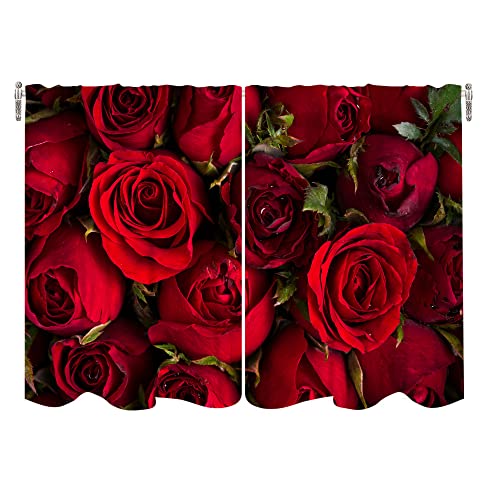 Eiichuang Red Rose Curtains, 3D Love Romantic Vintage Burgundy Petal Flower Pattern Rod Pocket Window Drapes Suitable For Bedroom Living Room Kitchen, 2 Panels Set, 28 X 48 Inch #TOP4