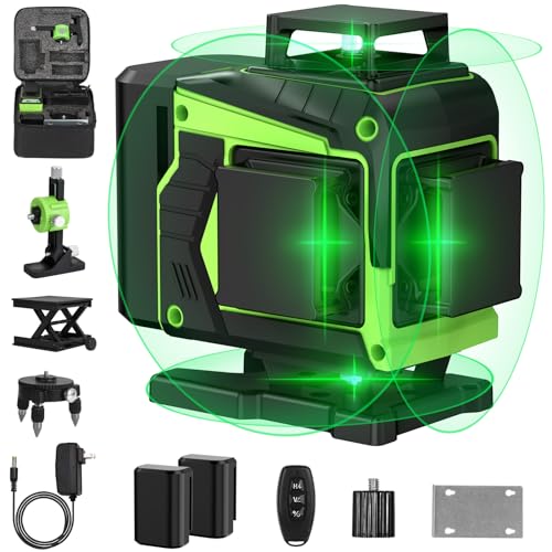 Nivel láser de autonivelación 16 líneas, nivel láser verde de autonivelación 4 x 360 °, batería 2 x, autonivelación, control remoto,