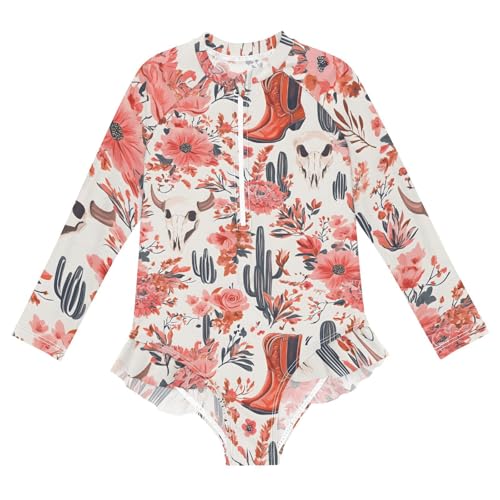 Girls One Piece Swimsuits Long Sleeve Swimsuit Zipper Bathing Suits Western Cowboy Boots Cactus Red