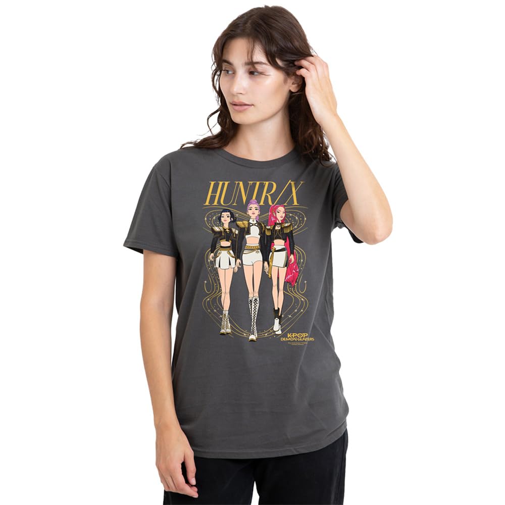 Kpop Demon Hunters Huntrix Golden Sparkles Ladies T Shirt, Charcoal, Small