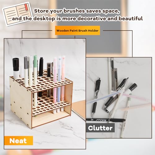 Image of 2 Pack Wooden Paint Brush Holder 67 Holes Wood Paint Brush Rack Paintbrush Holder Organizer for Colored Pencils Brushes
