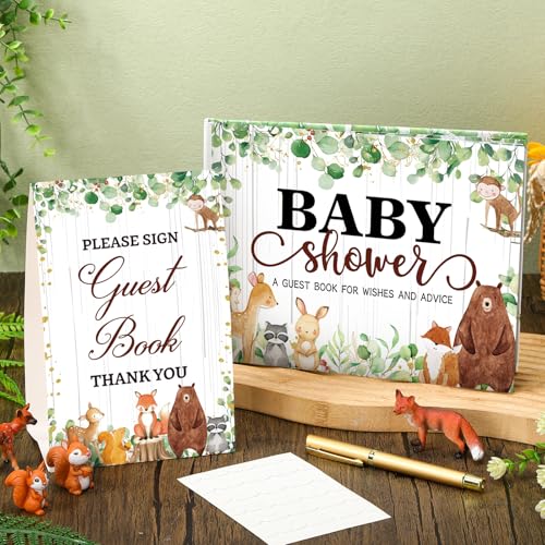 Image of Fuyoooo 27 Pcs Woodland Animal Baby Shower Guest Book Set Baby Shower Sign in Guest Floral Book Place Table Cards with Gold Pen Adhesive Photo Corner for Birthday Party