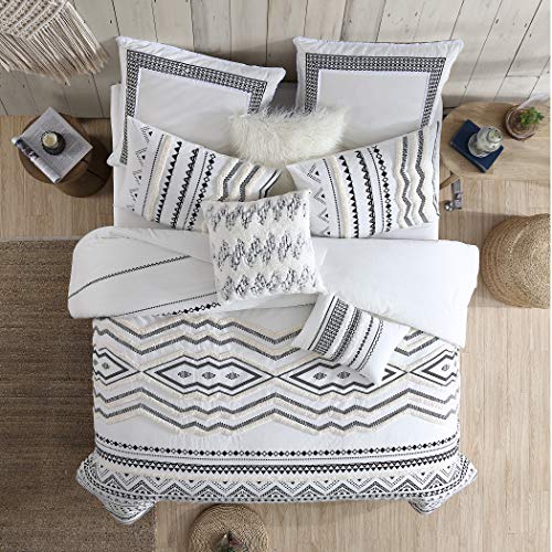 Swift Home Amis 100% Cotton Washed Print & Tufted Chenille 5-Piece Bedding Comforter Set, All Season & Breathable, Oeko-Tex Certified – White, Full/Queen #TOP1