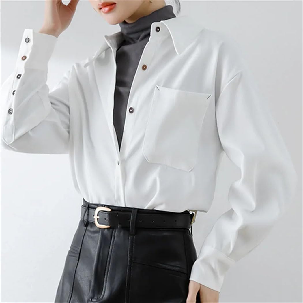 Camisa de manga larga para mujer, cuello vuelto, blusa con bolsillo, para oficina, informal, holgada