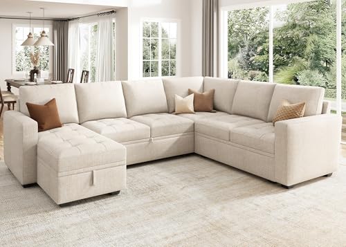 Image of HONBAY Modular Sectional Couch with Pull Out Bed Sleeper Sofa with Storage U Shaped Modular Sectional Couches for Living Room,Mid Beige