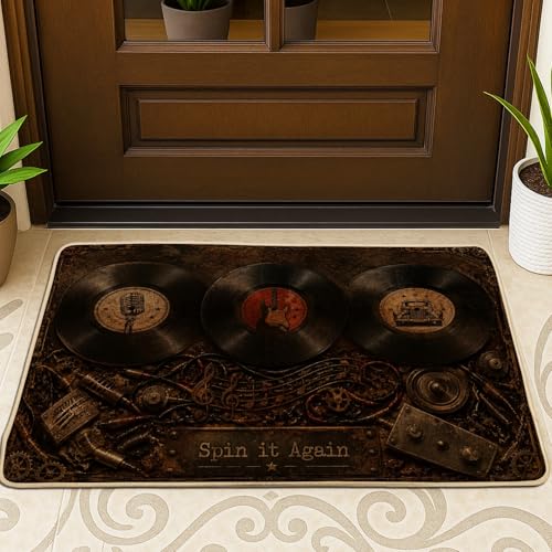 Tapete de vinilo para puerta de bienvenida, micrófono industrial clásico, para guitarra, color café, antideslizante, para decoración del hogar, para entrada, porche, balcón, 29 x 17 pulgadas