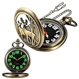Orologio da tasca da uomo in bronzo scavato con doppio cervo, numeri arabi luminosi, quadrante nero, orologio da tasca con catena, Cervo-02, Moda