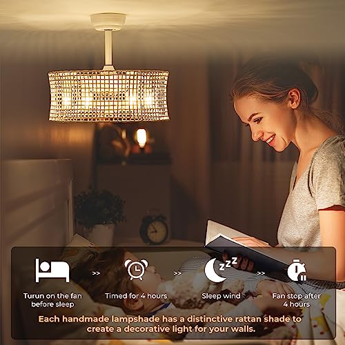 shitougu 20 Inch Boho Rattan Ceiling Fan with Light, Coastal Ceiling Fans with Lights and Remote Control, Caged with 6 Speeds for Bedroom, Dining Room, Living Room - Image 3
