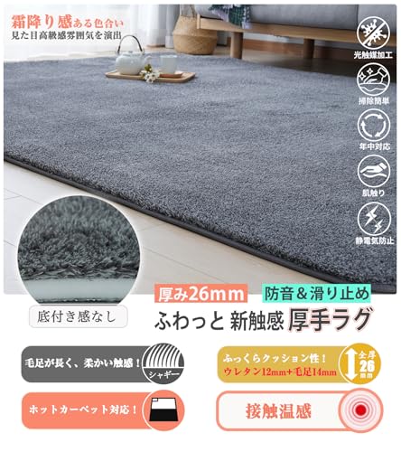 Maru Living ラグマット カーペット 3畳 厚手【全厚約26mm 踏み心地快適】 接触温感 冬用 シャギーラグ 厚手ラグ 絨毯 ふわっとした手触り 防音絨毯 じゅうたん オールシーズン対応 床暖房対応 【光触媒抗菌防臭加工】 ふわふわ 花柄滑り止め（グレー 約3畳 長方形 200x250cm） [2]