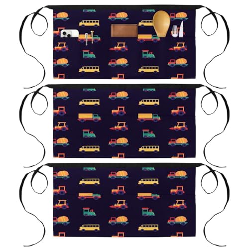 Lot de 3 tabliers courts de chef à motifs voiture avec 3 poches pour cuisine