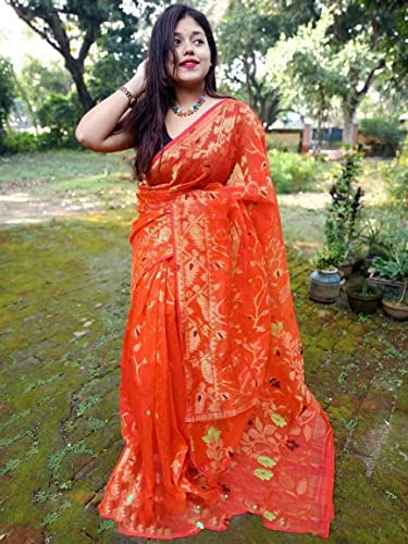 Sari bengalí tradicional de algodón suave jamdani naranja de 5.5 metros 2