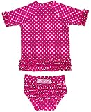 RuffleButts Baby/Toddler Girls Rash Guard 2-Piece Swimsuit Set - Berry Polka Dot Bikini with UPF 50+ Sun Protection - 12-18m