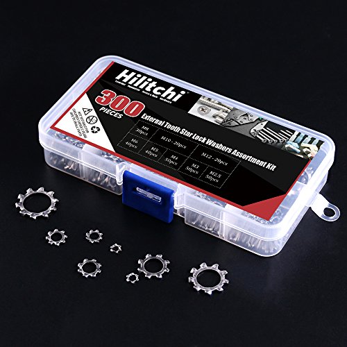 Hilitchi 300-Pcs [8-Size] 304 Stainless Steel External Tooth Star Lock Washers Assortment Set - Size Included: M2 M3 M4 M5 M6 M8 M10 M12 #TOP4