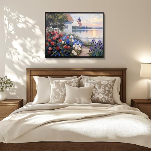 Image of American Flag Framed Canvas Wall Art, 4th of July Floral Canvas Prints, Summer Cottage Landscape Patriotic Decorations, Vintage Independence Day Wall Decor for Bedroom Living Room 16x20