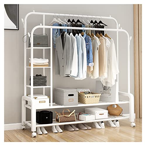 Perchero independiente de doble poste resistente con ruedas, de metal, grande, con capacidad de carga máxima de 75 kg, portátil, móvil, color blanco, 135 cm de altura