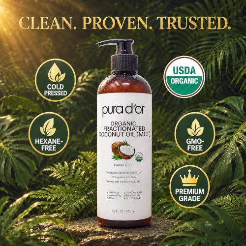 Image of PURA D'OR ORGANIC Fractionated Coconut Oil MCT Oil (16 Oz) 100% Pure & Natural USDA Certified