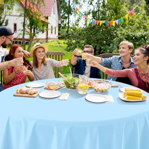 Image of 16 Pack Light Blue Plastic Tablecloth for Round Tables, Premium Decorative Baby Blue Disposable Table Cloths for Parties, Round Party Table Cover for Birthday Wedding Baby Shower Party, 84 Inch