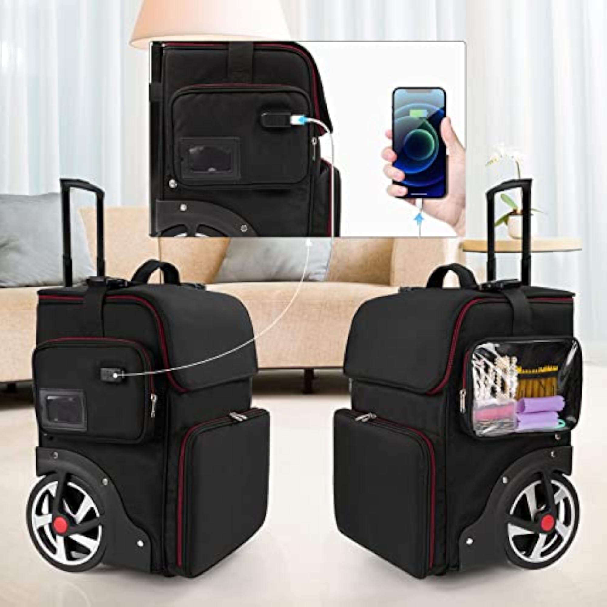 Large Makeup Train Case with 4 Clear Travel Makeup Bags Set