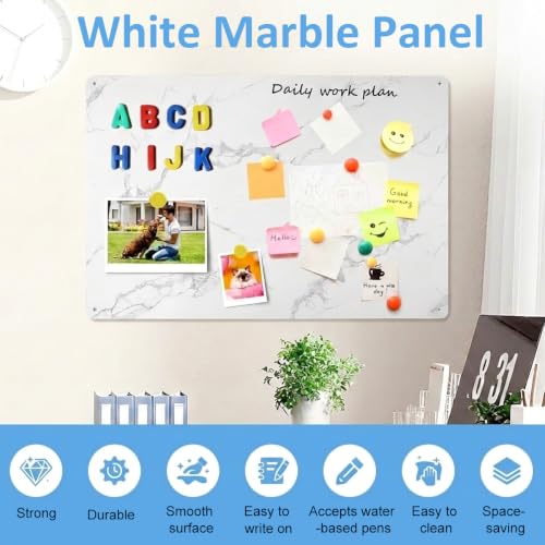 Image of Large Stainless Steel Magnetic Board 17.5 x 11.5 Inches, Wall Mounted Magnet Plate with 3M Adhesive & Screws for Notes, Photos, Home, Kitchen, Office Display (Marble)