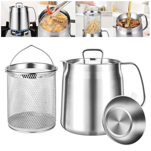 304 Stainless Steel Oil Filter Pot,68oz Bacon Grease Container with Strainer,Cooking Oil Container With Frying Basket,Large Capacity Multifunctional Oil Strainer Pot for Kitchen and Camping (2L)