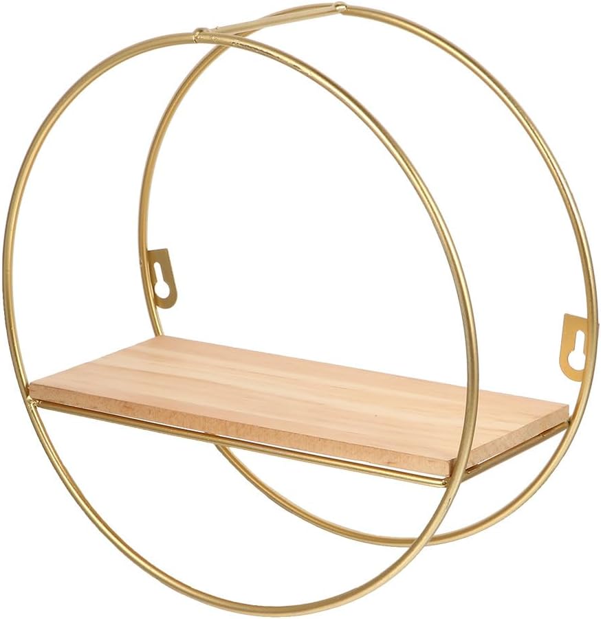 Nordic Style Floating Shelf Large Round Shape Wall Storage Rack Golden Iron Frame Geometric Floating Shelves for Living Room Dining Room Wall Décor