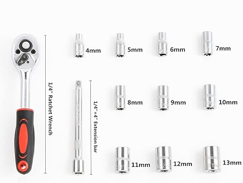 Miniatura 2 de Juego de llaves de trinquete de 1/4 de pulgada, kit de herramientas mecánicas con enchufes métricos de 0.15 a 0.51 pulgadas, mango de trinquete de
