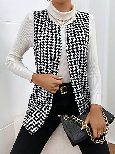 WDIRARA Women's Sleeveless Houndstooth Open Front Elegant Vest Jacket Long Coat3