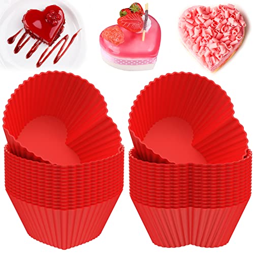 Deuson 30 forros de silicona para cupcakes en forma de corazón, molde reutilizable para magdalenas, molde de silicona antiadherente para hornear, resistente al calor, para cocina, fiesta de
