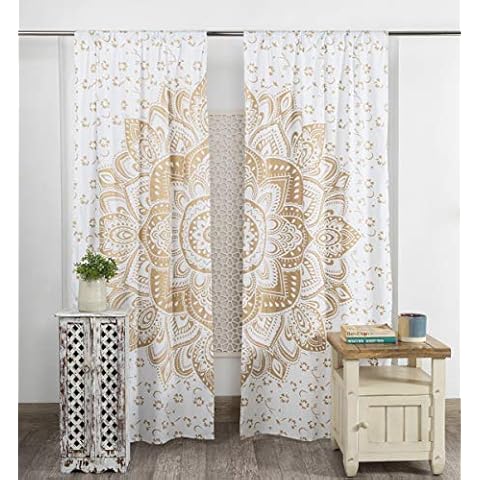 Popular Handicrafts Indian Hippie Bohemian Beautiful Ombre Color Mandala Curtain Panels White Gold Cover