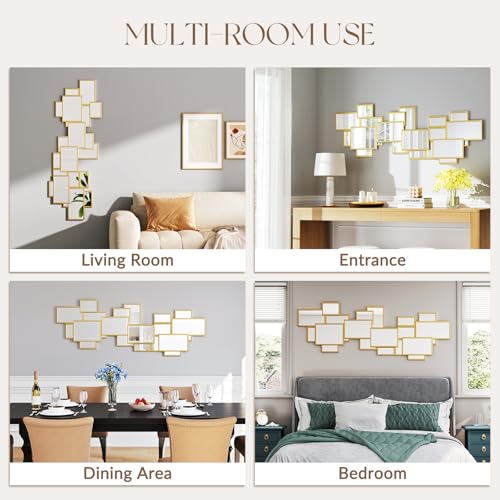 Image of Uniclinens Gold Wall Mirror Decor - Large Modern Wall Art Mirror Deco for Living Room, Boho Glam Wall Mirror for Dining Room, Entryway, Hallway, Bedroom,51 inchX19 inch