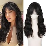 WIGNEE 100% Virgin Human Hair Natural Wave Wigs with Bangs Brazilian Human Hair Wave Wigs Natural Black Color (18