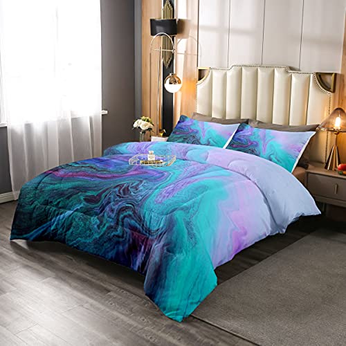 Feelyou Marble Printed Comforter for Girls Boys Teens Abstract Art Bedding Set Queen Women Men Decorative Modern Bright Comforter Set Purple Teal Duvet Set All Season (1 Comforter + 2 Pillow