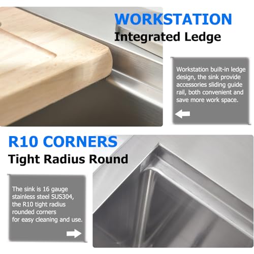 33 Drop in Workstation Kitchen Sink, BoomHoze 33x22 16 Gauge Stainless Steel Drop in Kitchen Sink Workstation Single Bowl Deep Sink Top Mount Kitchen Sink Basin with Accessories - Thumbnail 6